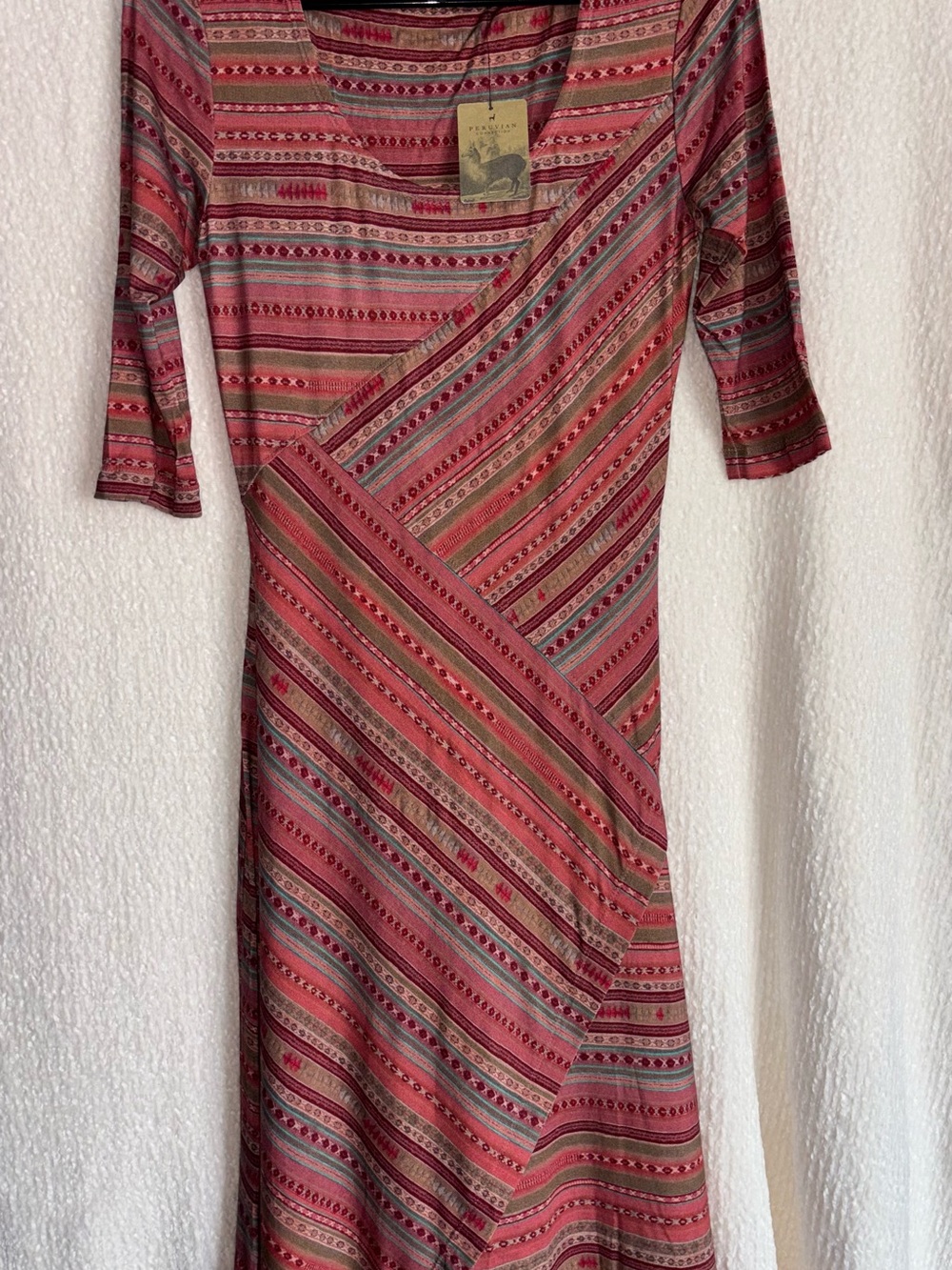 Peruvian Connection Pink & Green Striped Wrap-Style Long Sleeve Dress